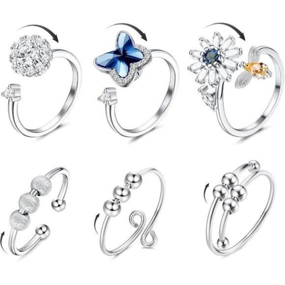 Women’s Adjustable Stress Relief Fidget Rings Set with Cubic Zirconia & Floral D